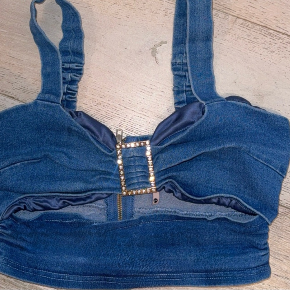 Y2K bling embellished buckle denim cut out Bustier Corset Cowgirl crop top large - Picture 2 of 8